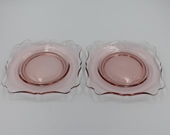 Vintage Square Pink Depression Glass Sandwich Plates, Salad Plates, Dessert Plates, Set of 2
