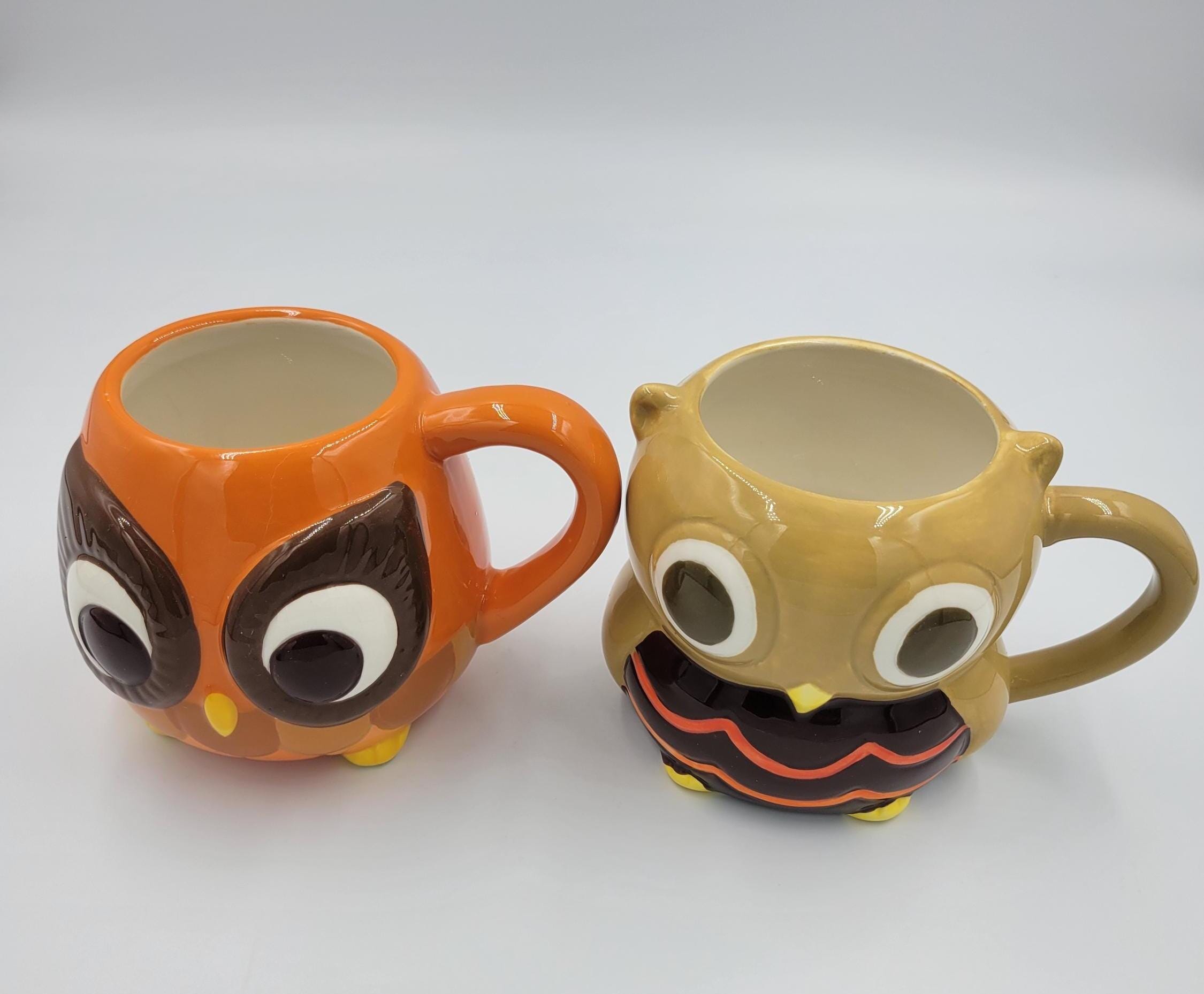 Mesa Home Owl Mugs, Set of 2, Big Eyed and Baby Owls, Glazed Finish