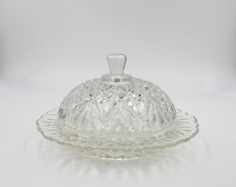 Vintage Butter or Cheese Dish, Pressed Glass, Round Plate with Domed Cover