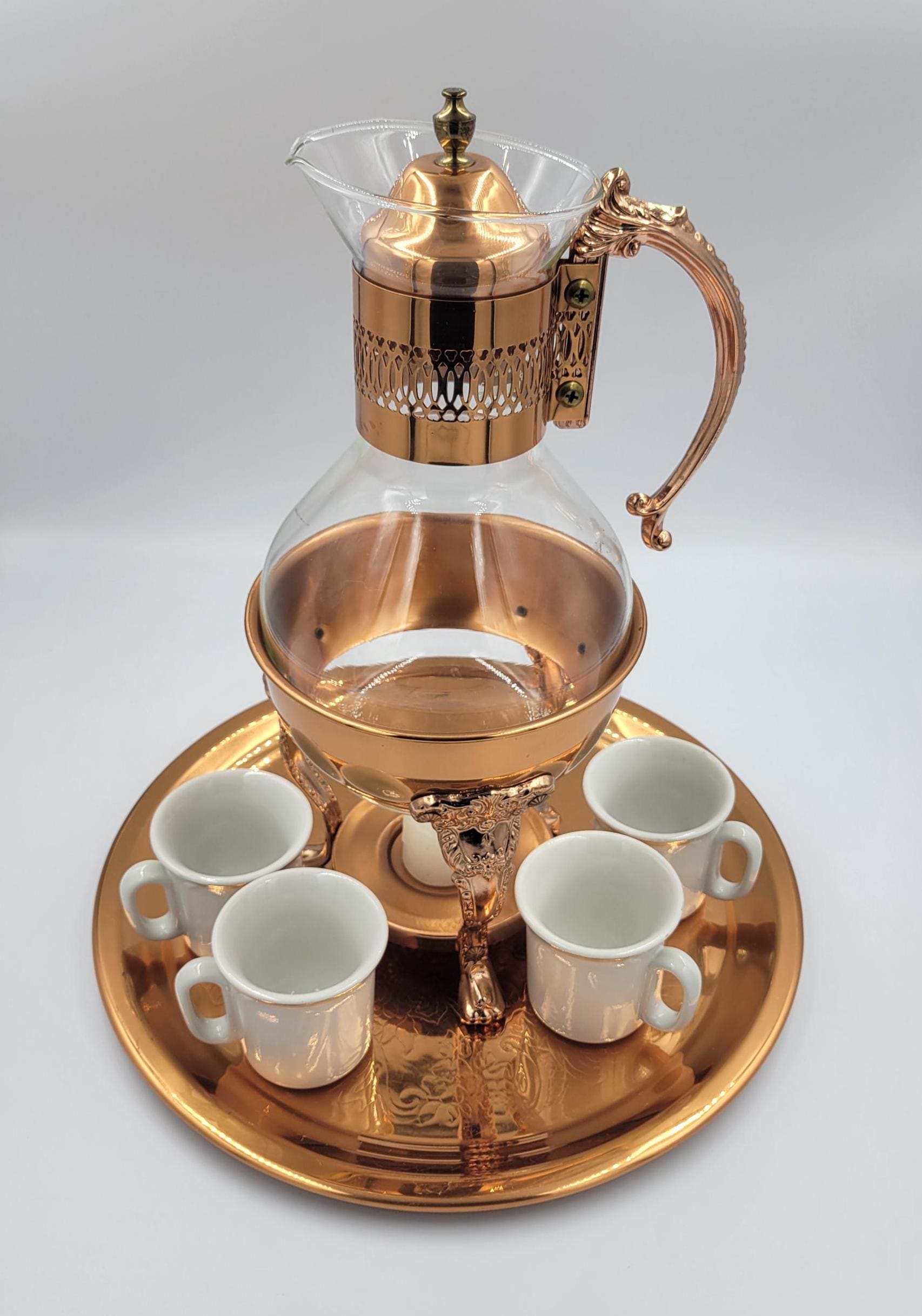 Glass Coffee Carafe With Copper Filigreed Handle and Lid, Copper