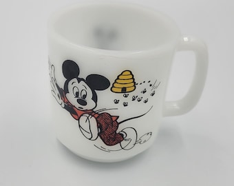 Libbey's Mickey Mouse Clubhouse Coffee Mug, White Milk Glass, Mickey Running from Beehive