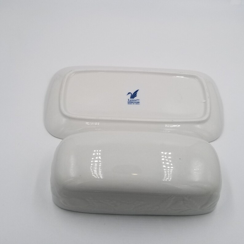 White Butter Dish by Lynn's Stoneware, Embossed Vegetable Imagery on sides image 6