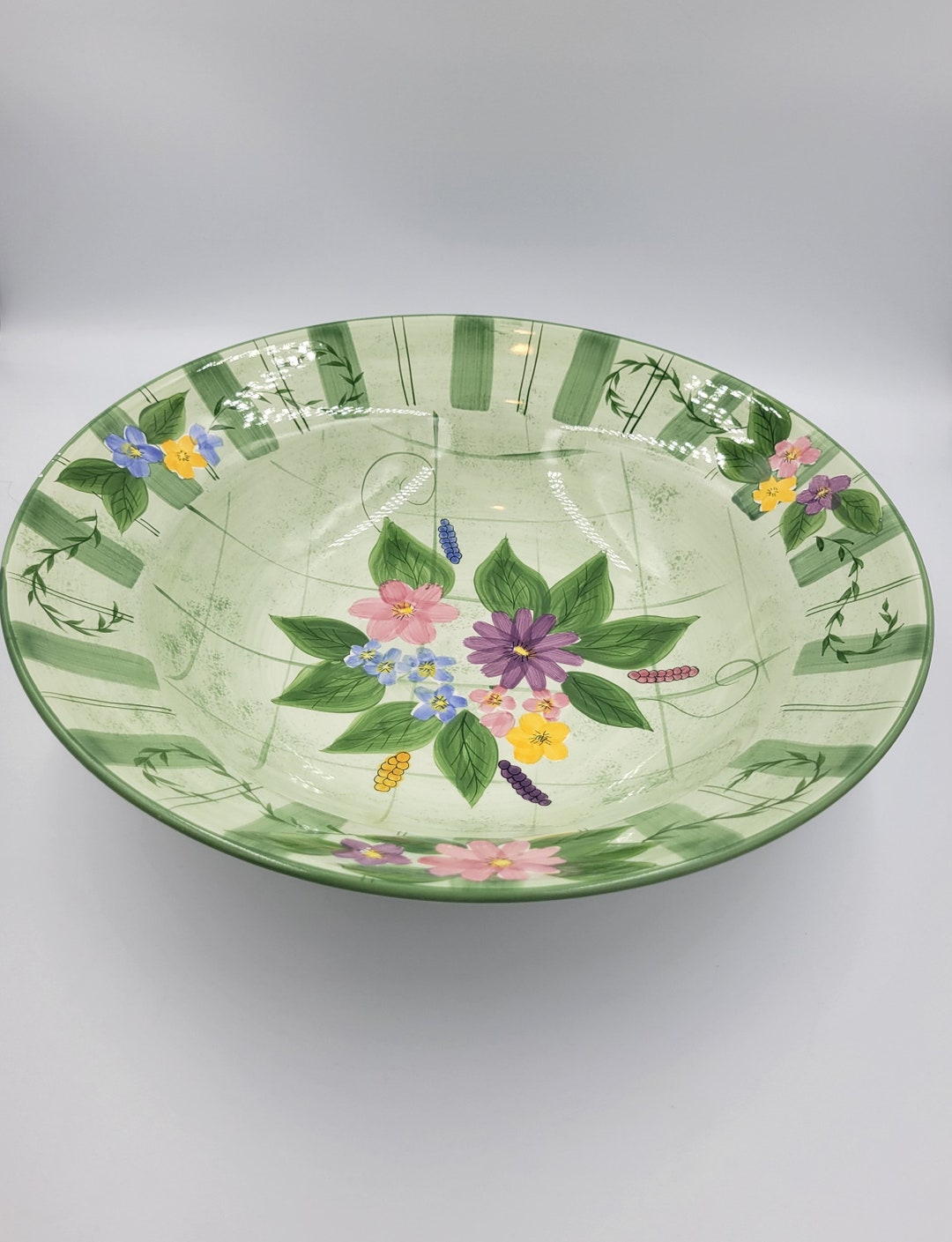 214 West Ceramic Oversized Pasta Bowl, Salad Bowl, Green Stripes With