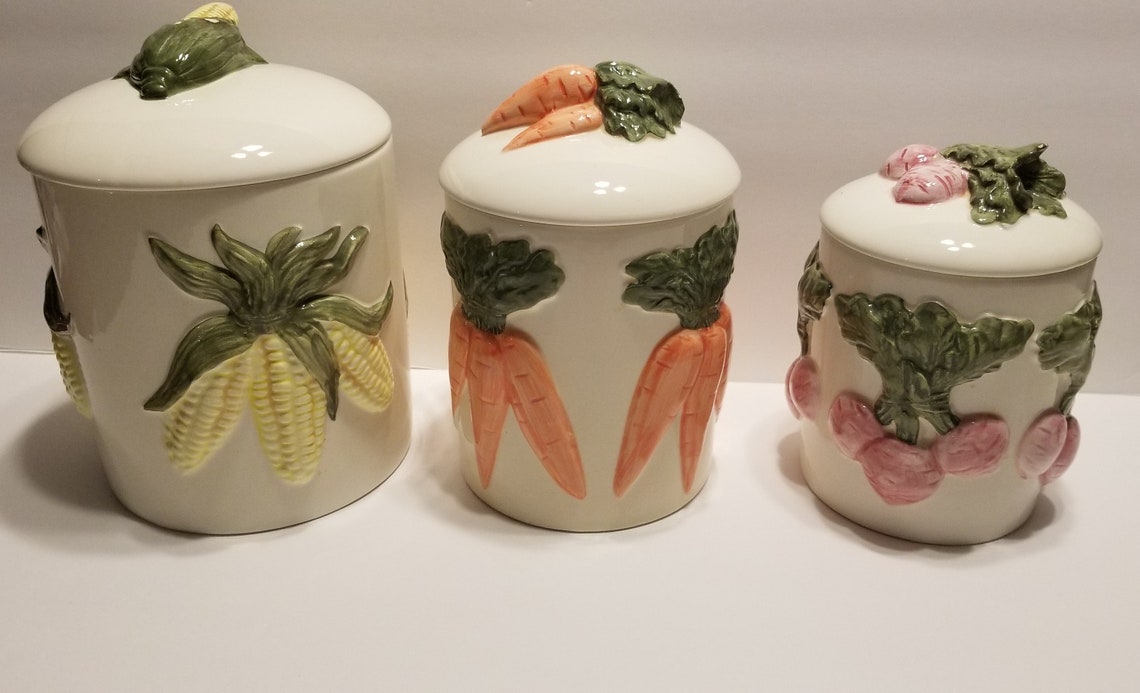 Vintage Embossed Ceramic Canister Set Set of 3 Radish Corn Etsy