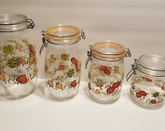 Vintage ARC France Glass Kitchen Canisters, Spice of Life Pattern, Set of 4
