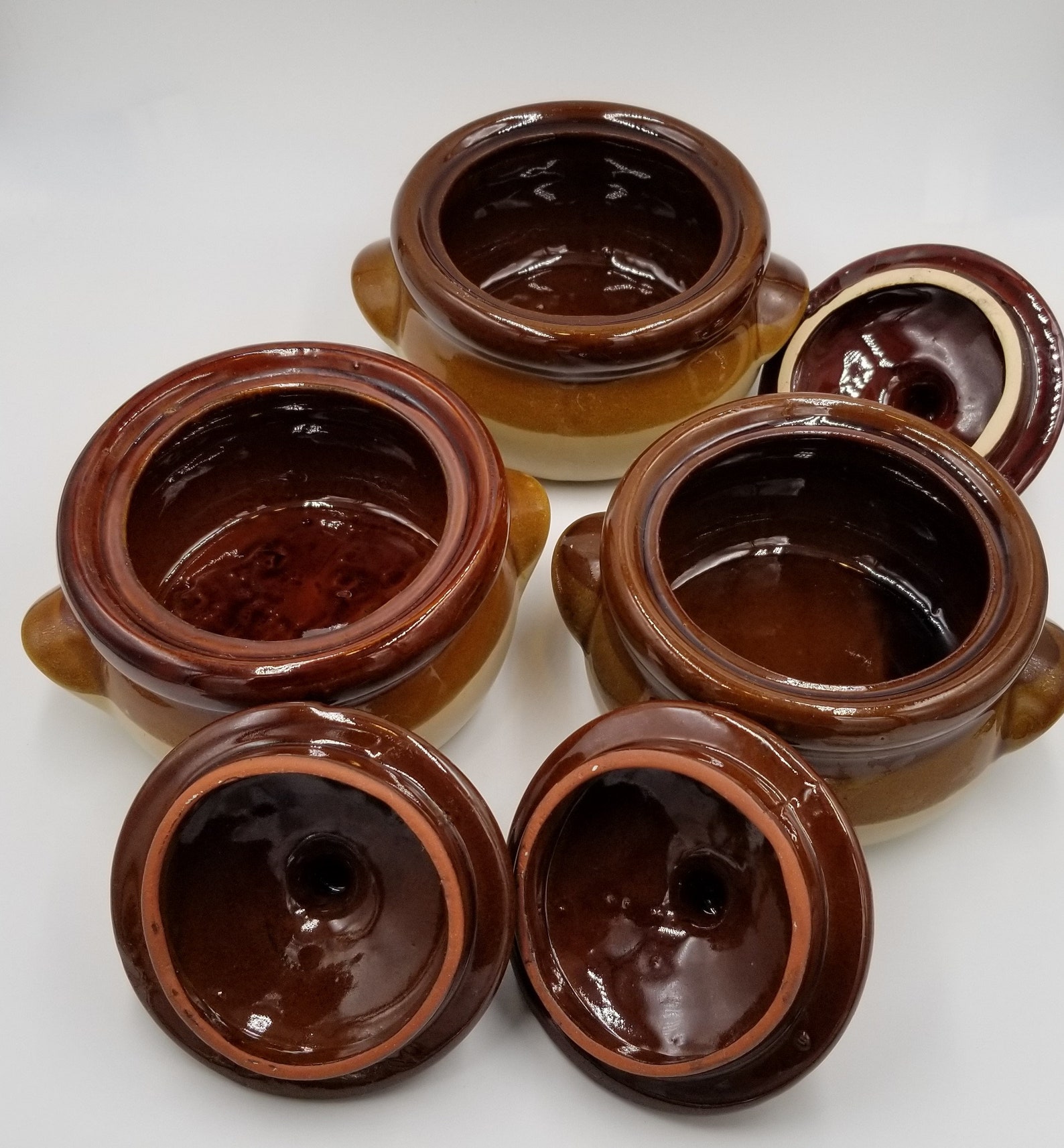 Vintage French Onion Soup Bowls Redware with Lids Set of 3 | Etsy