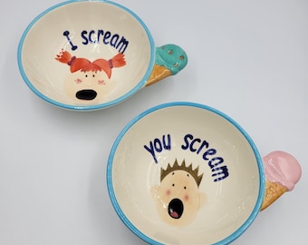 Vintage 2000 Home ETC "You Scream, I Scream" Ceramic Ice Cream Bowls, Complete Set of 4,  Funny Screaming Face Ceramic Bowls, Cone Handles