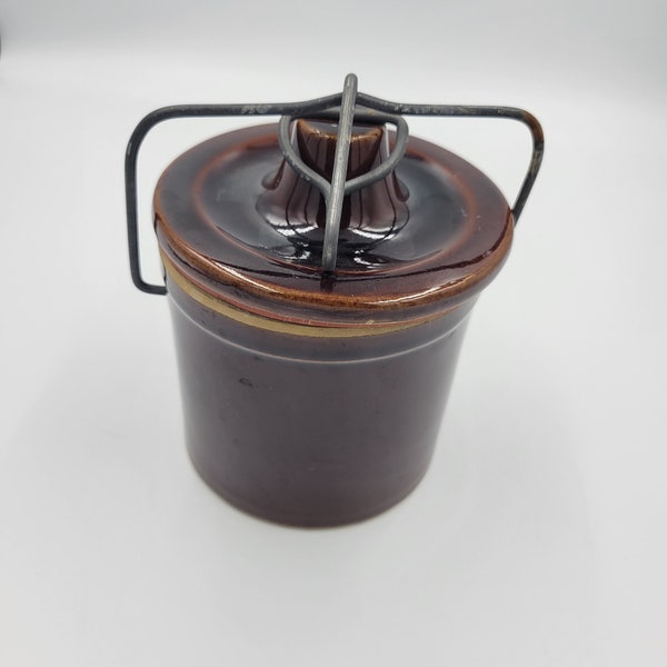 Small Brown Stoneware Cheese or Butter Crock with metal bale, 3 Available, Sold Separately