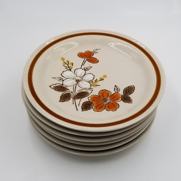 1970s Highland Florals Collection, Stoneware, 6 Bread Plates and 5 Saucers, SOLD SEPARATELY, Mountain Floral Pattern, Made in Japan