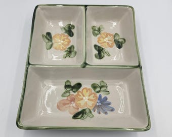Louisville Stoneware Divided Serving Dish, Country Flower Pattern, Handpainted, Americana, Relish Dish