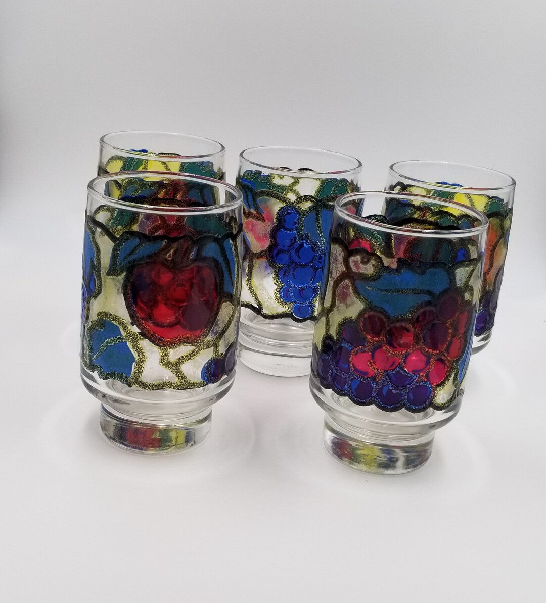 1970s Libbey Stained Glass Fruit Pattern Juice Glasses, Set of 5 Etsy