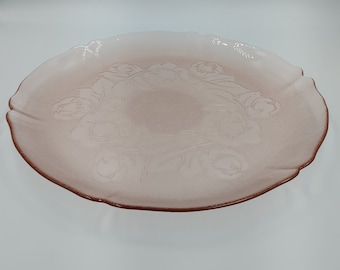 Vintage Arcoroc France Pink Glass Platter, Serving Platter, Made in France, Depression Glass, Rosaline Pink Pattern, Raised Cabbage Roses