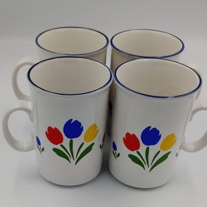 1985 Tulip Tyme Floral Coffee Mugs, Set of 4, Made in Japan