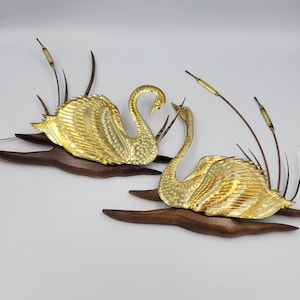 Vintage MCM Brass Toned Swan Wall Hanging, Set of 2, Retro Wall Decor