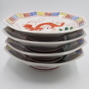 Qianlong Chinese Famille Rose Octagonal Red Dragon and Phoenix footed Ramen Bowls, Rare and Collectible, Sold Separately