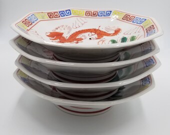 Qianlong Chinese Famille Rose Octagonal Ramen Bowl, Red Dragon and Phoenix, Collectible