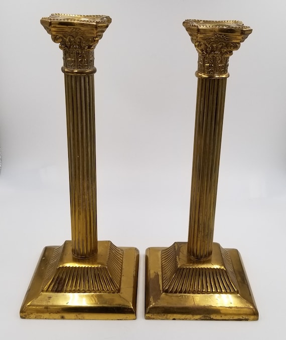 Vintage England Brass Pair of Column Candlesticks, Antique English