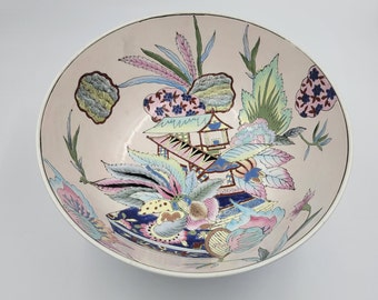 Handpainted Chinoiserie Fruit Bowl, with Multicolored Floral Design, Japanese Pagoda