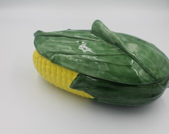 1979 Holland Mold Corn Shaped Vegetable Serving Dish, Signed Hobbyist piece, 2 Piece Set