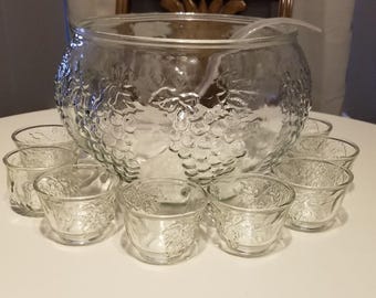 Celebration by Indiana Glass Punch Bowl Sets, 2 Sets - SOLD SEPARATELY, 1 has 8 Cups/ladle, 2nd has 10 Cups/ladle, Grapes & Leaves Design