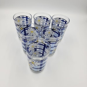 Vintage KIG Indonesia Blue and White Daisy Juice Glasses, Set of 6