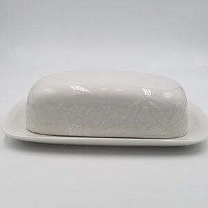 White Butter Dish by Lynn's Stoneware, Embossed Vegetable Imagery on sides image 1