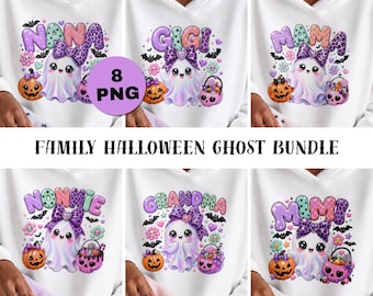Puede incluir: Un paquete de gráficos digitales con seis sudaderas blancas con diseños de fantasmas de Halloween. Cada fantasma lleva un lazo con estampado de leopardo morado y sostiene una calabaza y un cubo de calavera. Texto: NANA, GIGI, MAMA, NONNIE, GRANDMA, MIMI. 8 PNG incluidos.