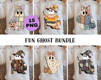 Puede incluir: Una colección digital de 15 archivos PNG titulada FUN GHOST BUNDLE, que muestra sudaderas blancas impresas con varias ilustraciones de fantasmas. Cada fantasma lleva un sombrero o lazo, sostiene una escoba o linterna y una calabaza.