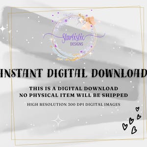 Puede incluir: Un gr&aacute;fico digital con el texto Startistic DESIGNS dentro de un marco circular con detalles en morado y dorado. Debajo, el texto dice INSTANT DIGITAL DOWNLOAD, THIS IS A DIGITAL DOWNLOAD NO PHYSICAL ITEM WILL BE SHIPPED y HIGH RESOLUTION 300 DPI DIGITAL IMAGES.
