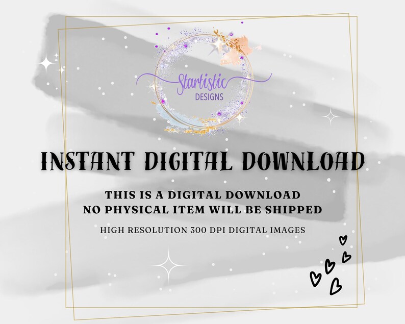 Puede incluir: Un gr&aacute;fico digital con el texto Startistic DESIGNS dentro de un marco circular con detalles en morado y dorado. Debajo, el texto dice INSTANT DIGITAL DOWNLOAD, THIS IS A DIGITAL DOWNLOAD NO PHYSICAL ITEM WILL BE SHIPPED y HIGH RESOLUTION 300 DPI DIGITAL IMAGES.