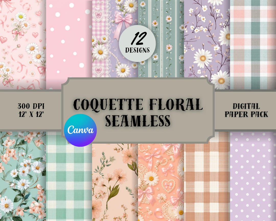 Coquette Floral Digital Paper, Pink Bow & Bloom Scrapbook Background ...