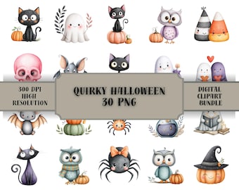 Puede incluir: Un paquete de imágenes prediseñadas digitales con 30 ilustraciones temáticas de Halloween que incluyen gatos negros, fantasmas, búhos, murciélagos, arañas, calabazas y dulces. El texto central dice: 300 DPI HIGH RESOLUTION QUIRKY HALLOWEEN 30 PNG DIGITAL CLIPART BUNDLE.