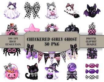 Puede incluir: Un paquete de imágenes prediseñadas digitales con 30 archivos PNG con temas de Halloween, que incluyen fantasmas con lazos a cuadros, murciélagos negros, calabazas rosas, una araña, un gato negro, una casa embrujada y el texto CHECKERED GIRLY GHOST 30 PNG.