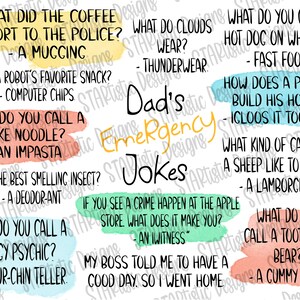 May include: A colourful printable sheet with a collection of dad jokes. The jokes are written in a playful font and are illustrated with cartoon-like drawings. The sheet includes jokes like "What did the coffee report to the police? - A muccing" and "What do you call a hot dog on wheels? - Fast food!"