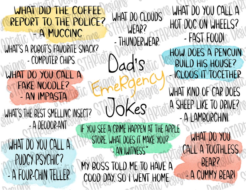 May include: A colourful printable sheet with a collection of dad jokes. The jokes are written in a playful font and are illustrated with cartoon-like drawings. The sheet includes jokes like "What did the coffee report to the police? - A muccing" and "What do you call a hot dog on wheels? - Fast food!"