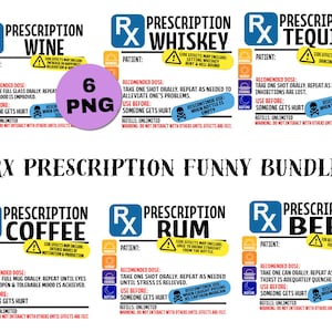Puede incluir: Un paquete digital de seis dise&ntilde;os gr&aacute;ficos con tem&aacute;tica de receta m&eacute;dica que incluyen textos humor&iacute;sticos para vino, whisky, tequila, caf&eacute;, ron y cerveza. Cada dise&ntilde;o incluye un s&iacute;mbolo Rx, campos para pacientes y etiquetas de advertencia.