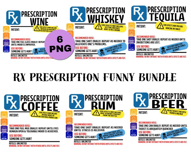 Puede incluir: Un paquete digital de seis dise&ntilde;os gr&aacute;ficos con tem&aacute;tica de receta m&eacute;dica que incluyen textos humor&iacute;sticos para vino, whisky, tequila, caf&eacute;, ron y cerveza. Cada dise&ntilde;o incluye un s&iacute;mbolo Rx, campos para pacientes y etiquetas de advertencia.