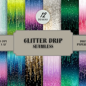 May include: A digital paper pack with 12 seamless glitter drip patterns. Each pattern is 12 inches by 12 inches and 300 DPI.