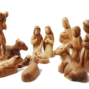 Unique olive wood nativity figures hand carved scene Christmas tree faceless figures set gift from Bethlehem from the Holy land