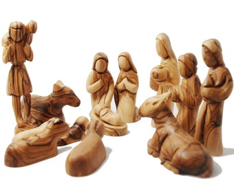 Unique olive wood nativity figures hand carved scene Christmas tree faceless figures set gift from Bethlehem from the Holy land