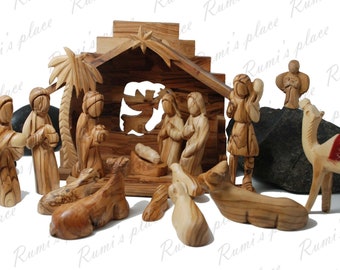 Unique Olive wood full nativity set carved faceless figures full nativity scene Xmas gift nativity Holy Land