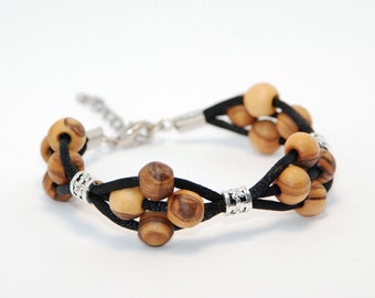 Olive wood beaded bracelet black braided cord adjustable silver mother day gift from the holy land