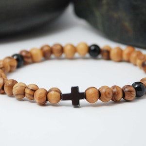 Olive wood beaded bracelet black Back Cross stone with Onyx Gemstone bead gift from Bethlehem of the Holy land