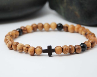 Olive wood beaded bracelet black Back Cross stone with Onyx Gemstone bead gift from Bethlehem of the Holy land