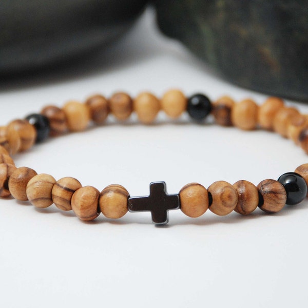 Olive wood beaded bracelet black Back Cross stone with Onyx Gemstone bead gift from Bethlehem of the Holy land