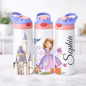 May include: Three white water bottles with pink and blue lids. Each bottle features a different design: a castle, a princess, and the name "Sophia" in script. The princess design includes a squirrel and pumpkins.