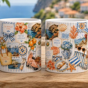 May include: Two white ceramic mugs featuring a collage of Italian coastal imagery, including a pink scooter, oranges, blue and white patterned tiles, a straw tote bag, seashells, and text reading La Dolce Vita and Ciao Bella on a striped background.