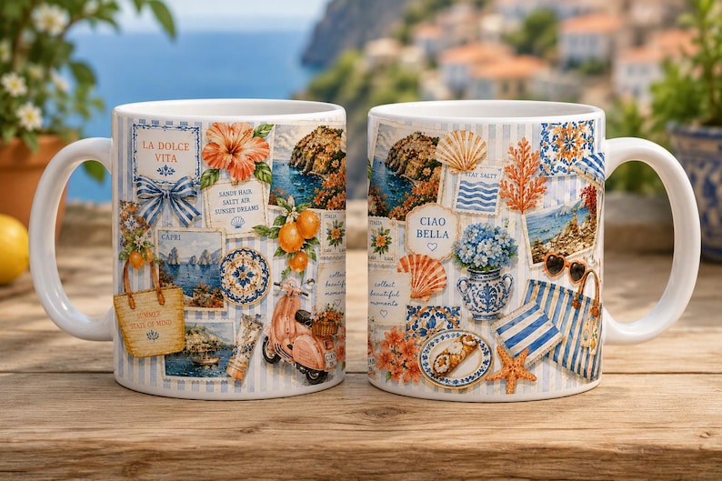 May include: Two white ceramic mugs featuring a collage of Italian coastal imagery, including a pink scooter, oranges, blue and white patterned tiles, a straw tote bag, seashells, and text reading La Dolce Vita and Ciao Bella on a striped background.