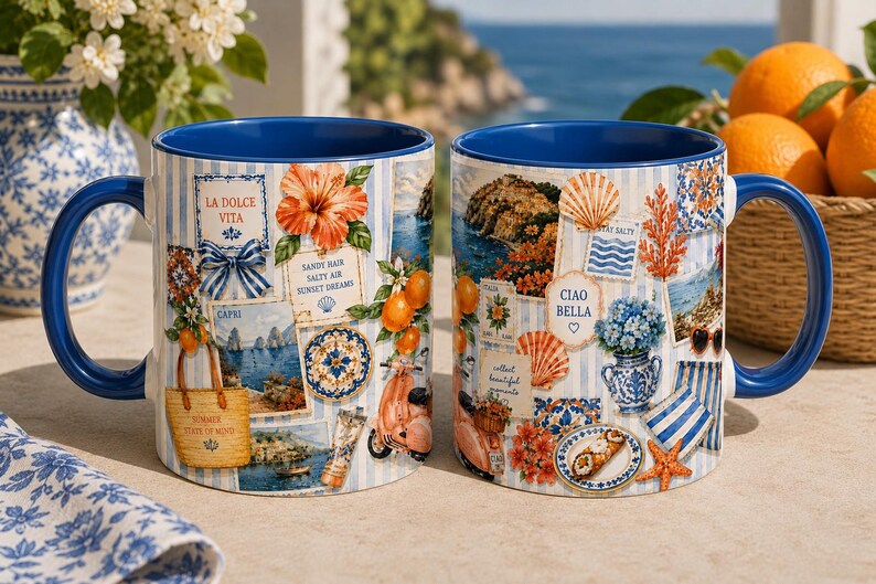 May include: Two ceramic mugs with a blue interior and handle, featuring a collage print of Mediterranean-themed illustrations including oranges, a scooter, a straw bag, seashells, and text reading La Dolce Vita, Capri, and Ciao Bella.
