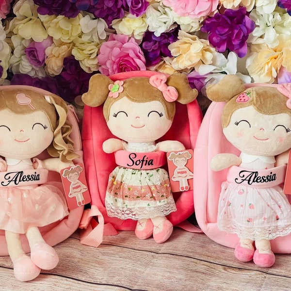 Personalisierte Puppe, Vorschulrucksack, personalisierte Rucksack, Stoffpuppe, Kleinkind Rucksack, erste Babypuppe, personalisierte Puppen für Baby Mädchen